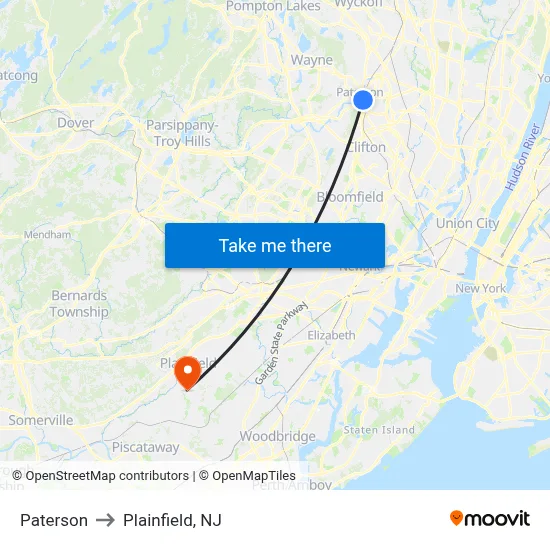 Paterson to Plainfield, NJ map