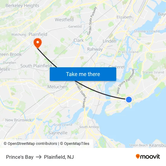 Prince's Bay to Plainfield, NJ map