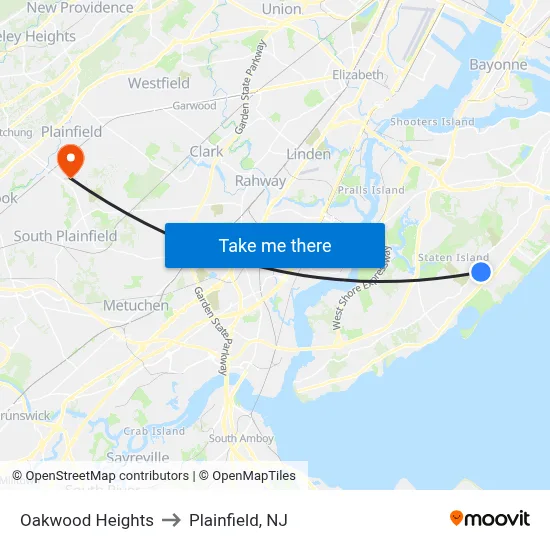 Oakwood Heights to Plainfield, NJ map