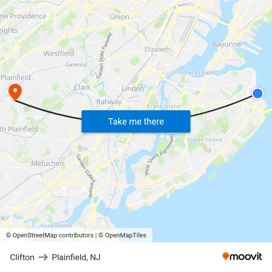 Clifton to Plainfield, NJ map
