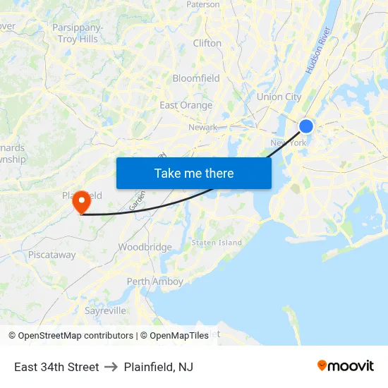 East 34th Street to Plainfield, NJ map