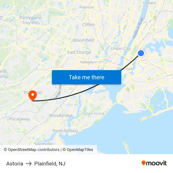 Astoria to Plainfield, NJ map