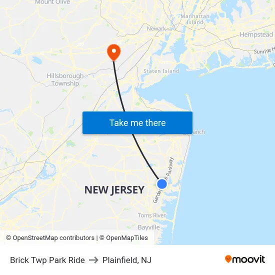 Brick Twp Park Ride to Plainfield, NJ map