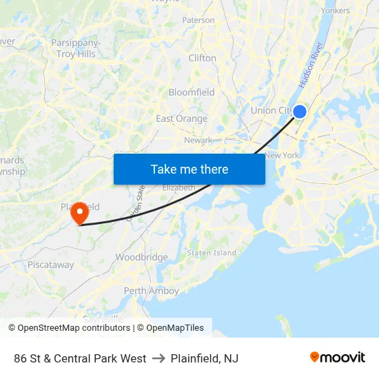 86 St & Central Park West to Plainfield, NJ map