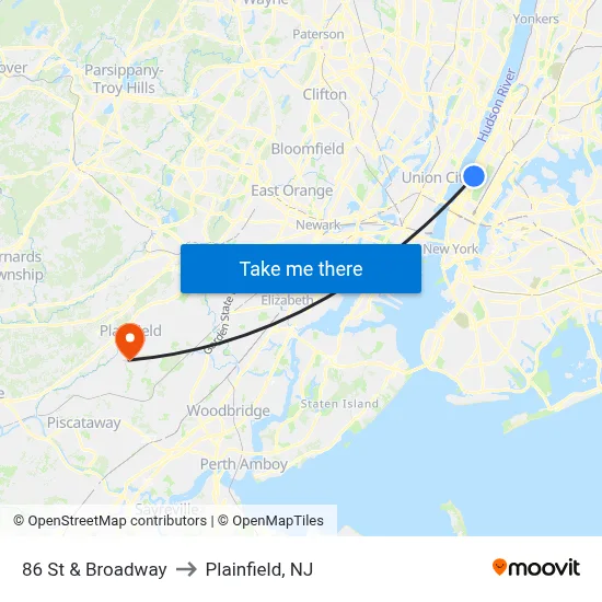 86 St & Broadway to Plainfield, NJ map