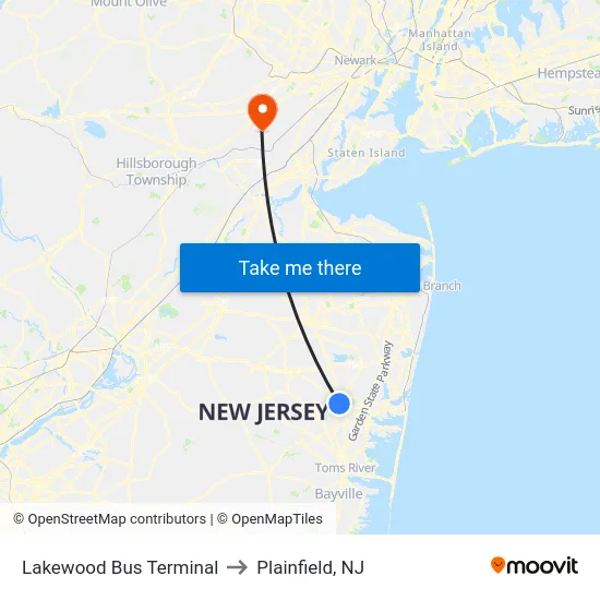 Lakewood Bus Terminal to Plainfield, NJ map