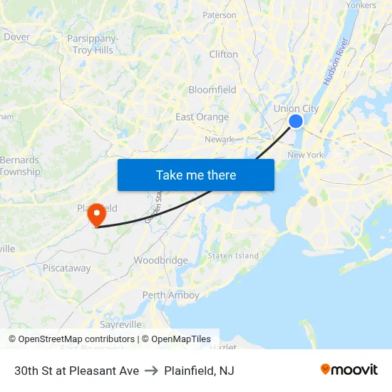 30th St at Pleasant Ave to Plainfield, NJ map