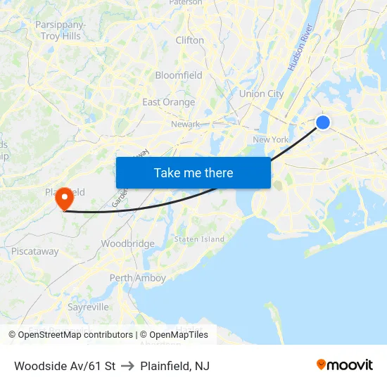 Woodside Av/61 St to Plainfield, NJ map