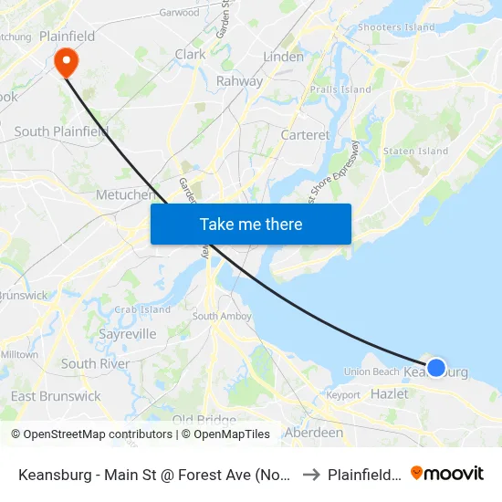 Keansburg -  Main St @ Forest Ave (Northbound) to Plainfield, NJ map