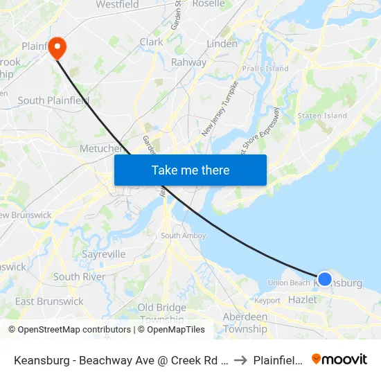 Keansburg -  Beachway Ave @ Creek Rd (Northbound) to Plainfield, NJ map