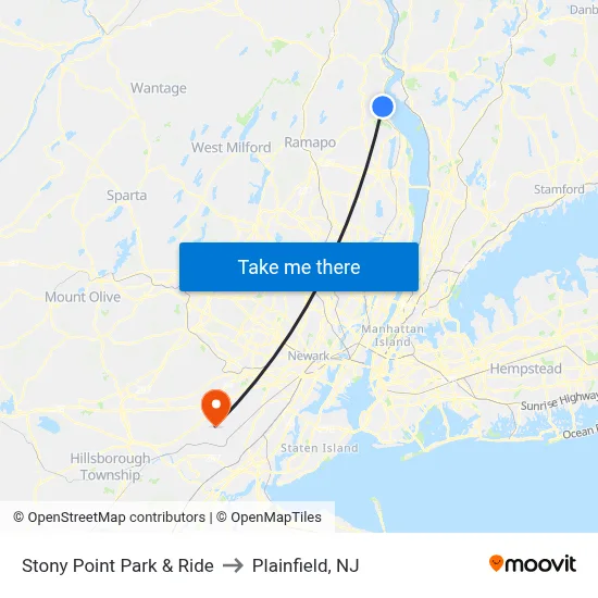 Stony Point Park & Ride to Plainfield, NJ map