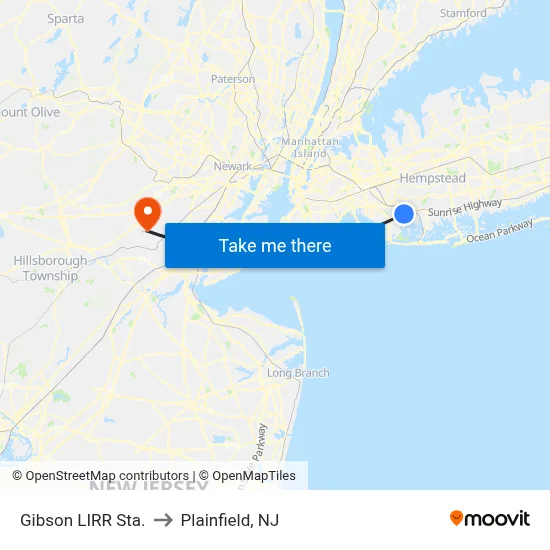 Gibson LIRR Sta. to Plainfield, NJ map