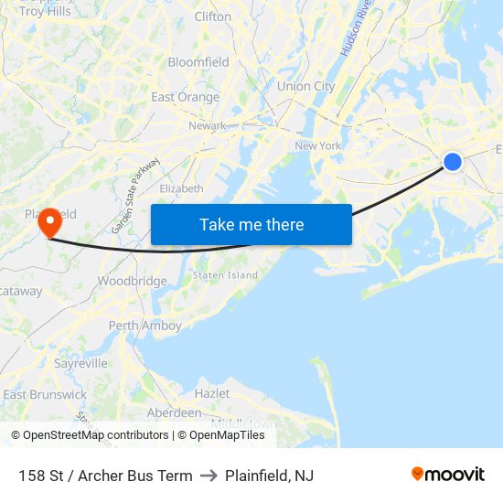 158 St / Archer Bus Term to Plainfield, NJ map