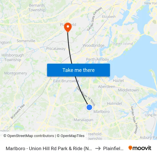 Marlboro - Union Hill Rd Park & Ride (Northbound) to Plainfield, NJ map
