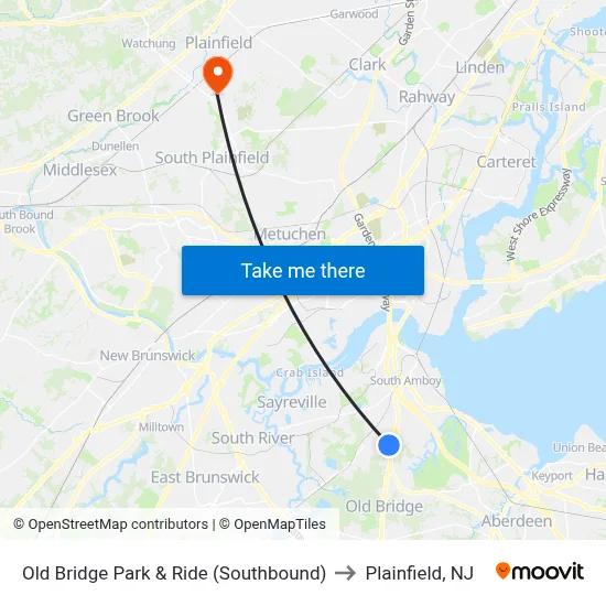 Old Bridge Park & Ride (Southbound) to Plainfield, NJ map