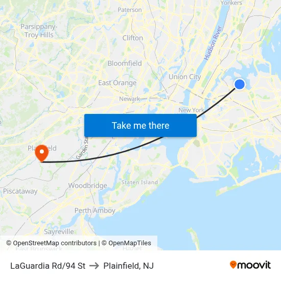 LaGuardia Rd/94 St to Plainfield, NJ map