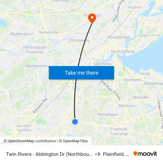Twin Rivers -  Abbington Dr (Northbound) to Plainfield, NJ map