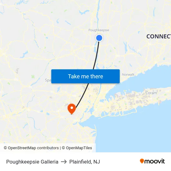 Poughkeepsie Galleria to Plainfield, NJ map