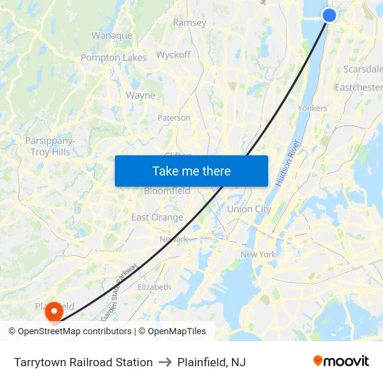 Tarrytown Railroad Station to Plainfield, NJ map