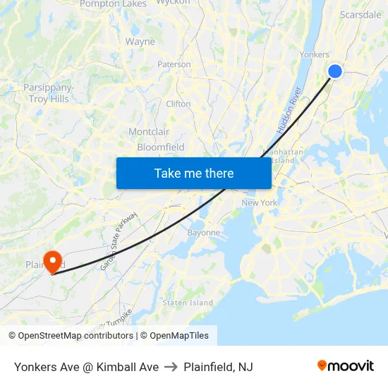 Yonkers Ave @ Kimball Ave to Plainfield, NJ map