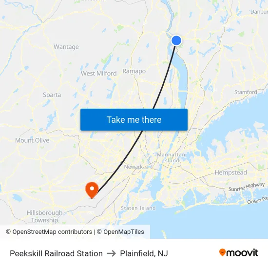 Peekskill Railroad Station to Plainfield, NJ map