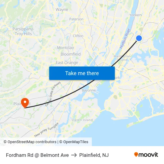 Fordham Rd @ Belmont Ave to Plainfield, NJ map