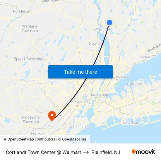 Cortlandt Town Center @ Walmart to Plainfield, NJ map