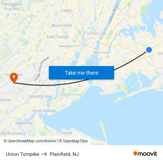 Union Turnpike to Plainfield, NJ map