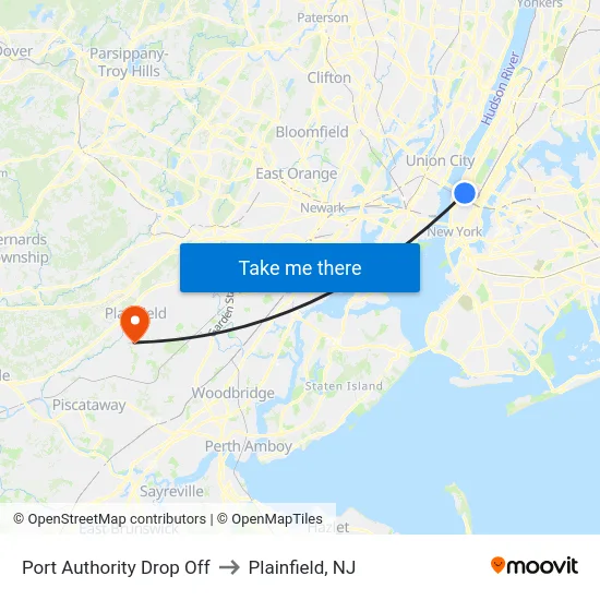 Port Authority Drop Off to Plainfield, NJ map