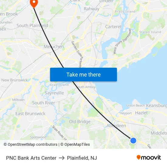 PNC Bank Arts Center to Plainfield, NJ map