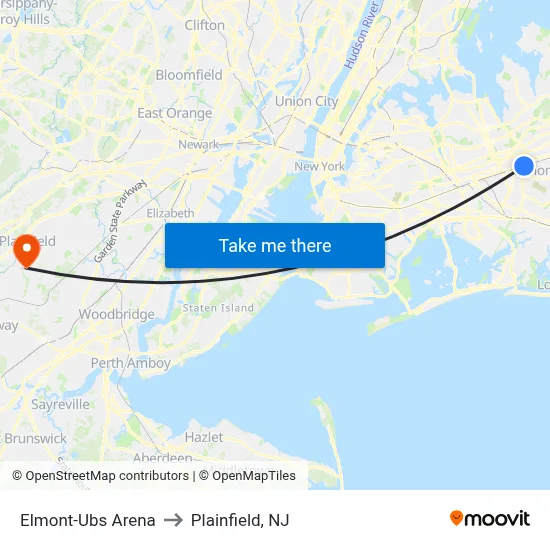 Elmont-Ubs Arena to Plainfield, NJ map