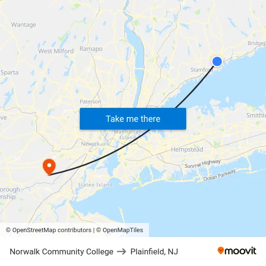 Norwalk Community College to Plainfield, NJ map