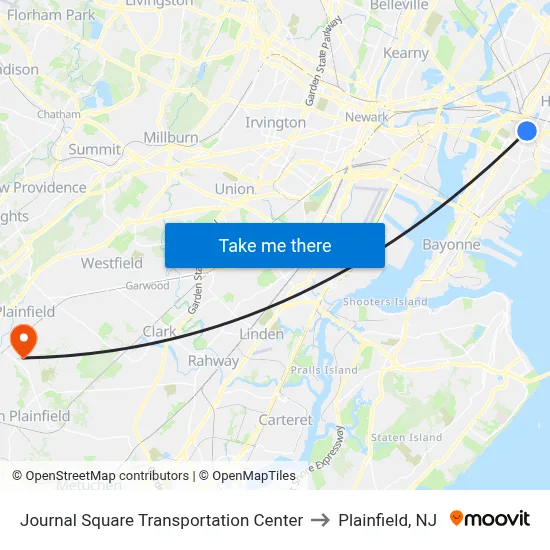 Journal Square Transportation Center to Plainfield, NJ map