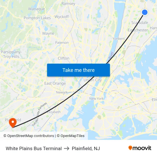 White Plains Bus Terminal to Plainfield, NJ map