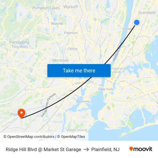 Ridge Hill Blvd @ Market St Garage to Plainfield, NJ map