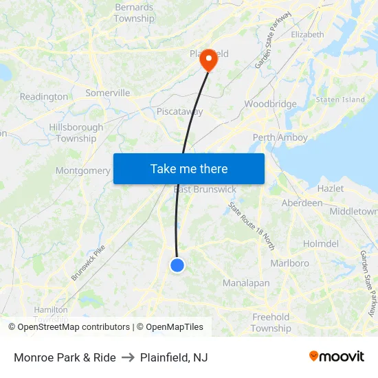 Monroe Park & Ride to Plainfield, NJ map