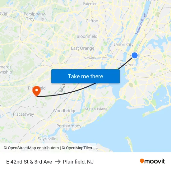E 42nd St & 3rd Ave to Plainfield, NJ map