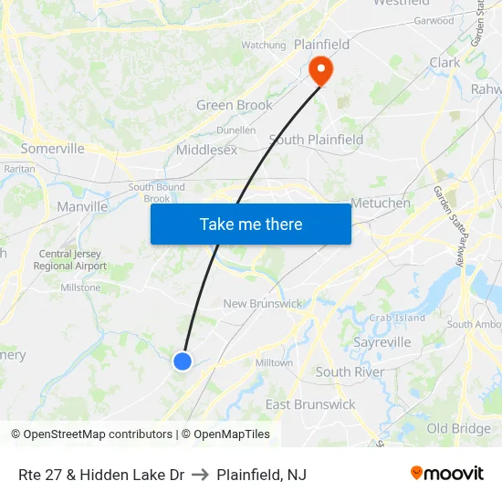 Rte 27 & Hidden Lake Dr to Plainfield, NJ map