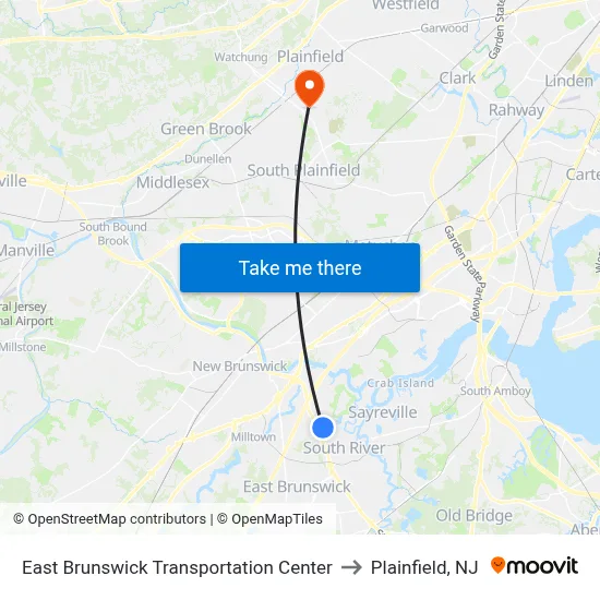 East Brunswick Transportation Center to Plainfield, NJ map