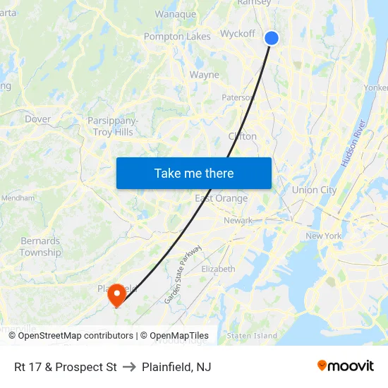 Rt 17 & Prospect St to Plainfield, NJ map