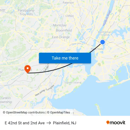 E 42nd St and 2nd Ave to Plainfield, NJ map