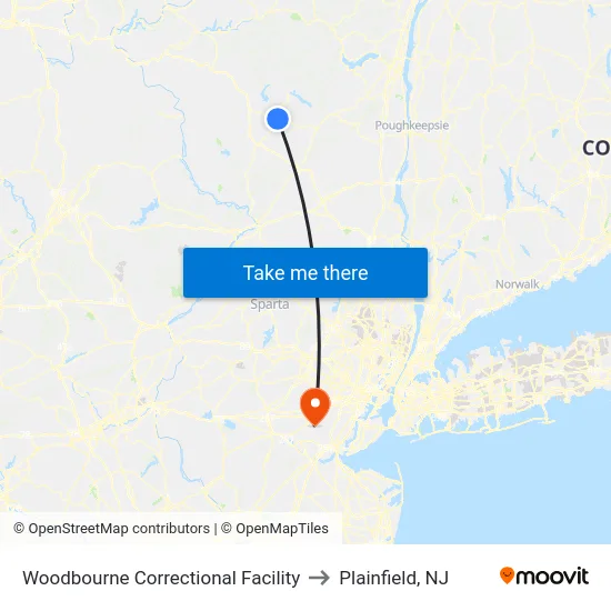 Woodbourne Correctional Facility to Plainfield, NJ map