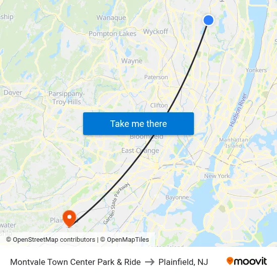 Montvale Town Center Park & Ride to Plainfield, NJ map