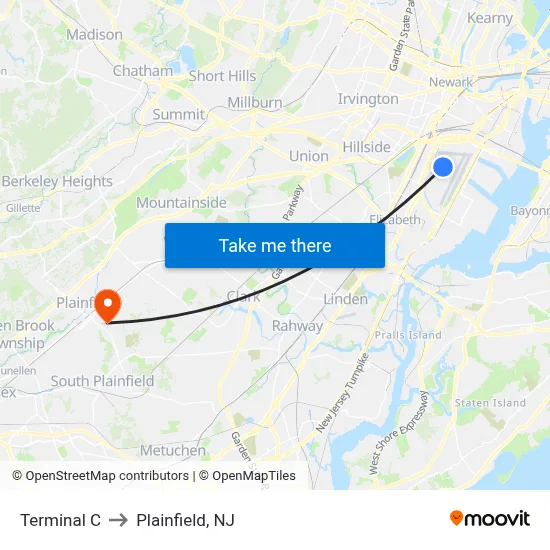 Terminal C to Plainfield, NJ map