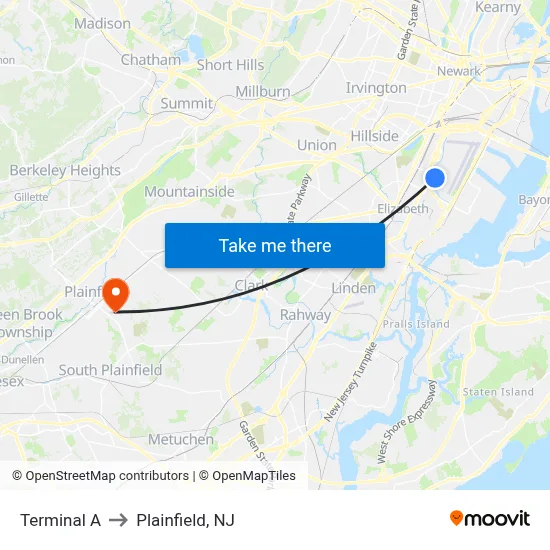 Terminal A to Plainfield, NJ map