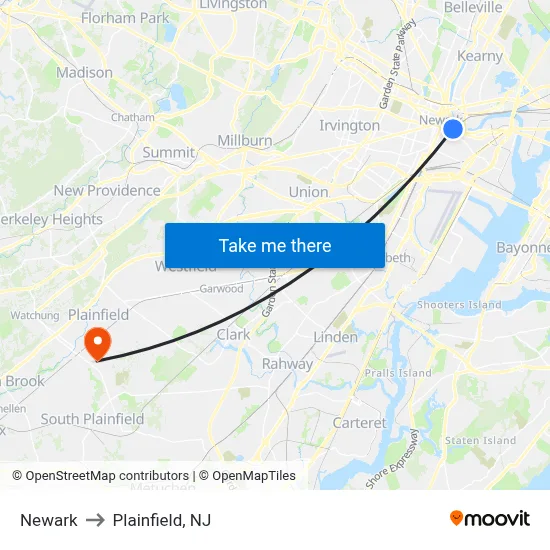 Newark to Plainfield, NJ map