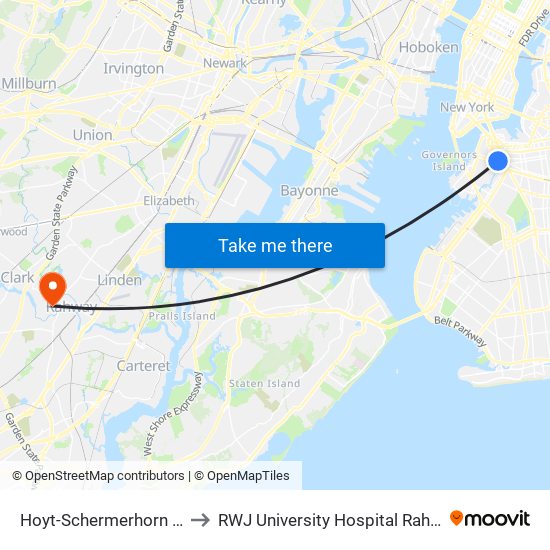 Hoyt-Schermerhorn Sts to RWJ University Hospital Rahway map