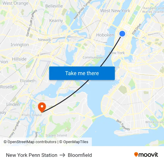 New York Penn Station to Bloomfield map