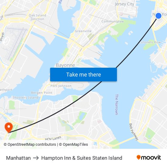 Manhattan to Hampton Inn & Suites Staten Island map