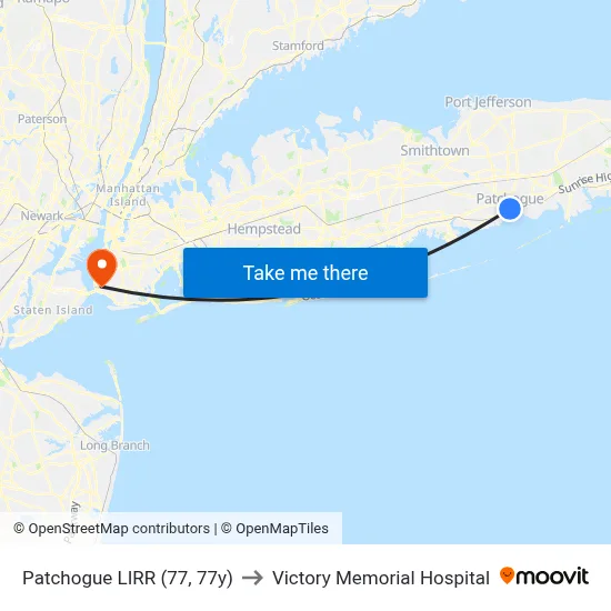 Patchogue LIRR (77, 77y) to Victory Memorial Hospital map